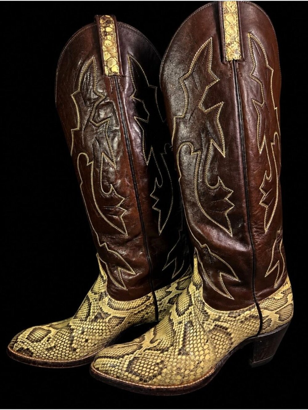 Vintage Dan Post Womens 9Python Snakeskin Brown Leather Western Round Toe Boots